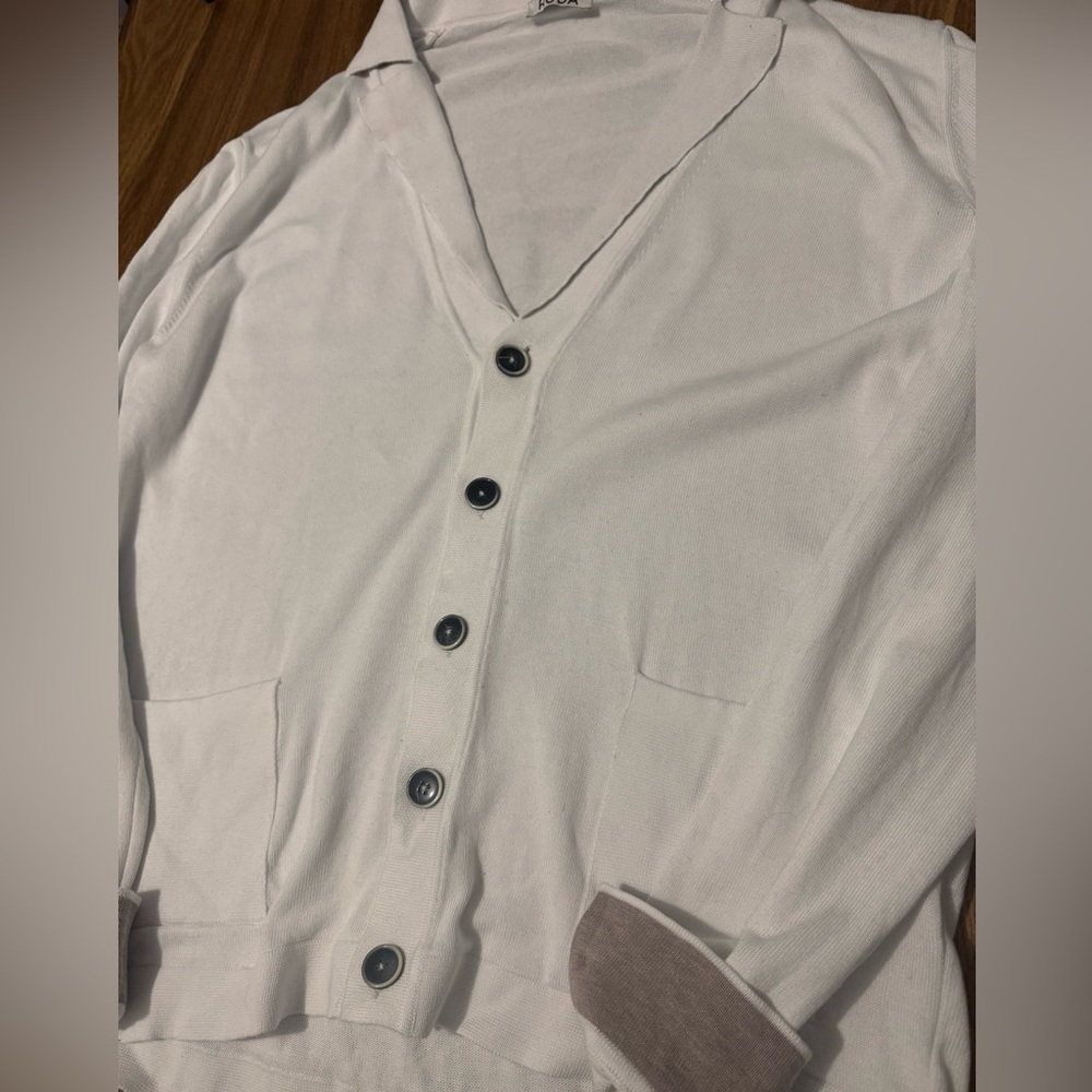 Roda White Cardigan with Tan Accents